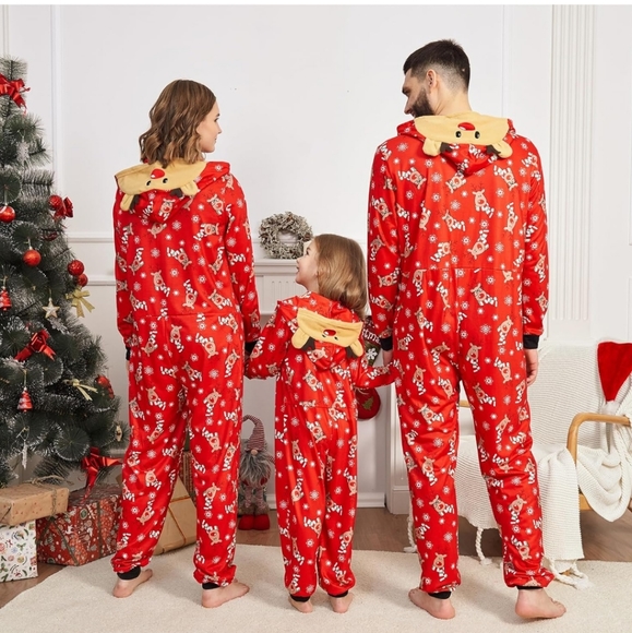 Kid's Red Reindeer Christmas PJ'S Onesie - Picture 3 of 4